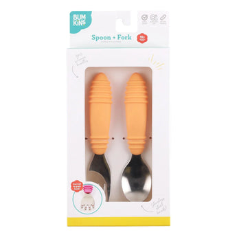 Packaging of Bumkins Spoon + Fork: Tangerine set for 18m+, with stainless tips—perfect self-feeding tools for toddlers.