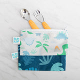 Bumkins Spoon + Fork: Tangerine and dinosaur-themed pouch on a marble surface make mealtime fun for toddlers.