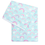 The Bumkins Splat Mat: Rainbows features light blue waterproof fabric with colorful rainbows and clouds, ideal for easy cleaning.