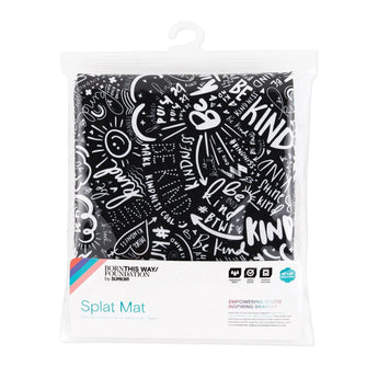 Bumkins Splat Mat: Be Kind, with white doodles and text, promotes empowerment and kindness for Born This Way Foundation.