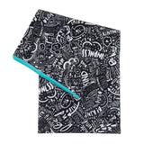 The Bumkins Splat Mat: Be Kind features a doodle design with kindness words, turquoise lining, and the Born This Way Foundation ethos.