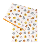 Two folded Bumkins Winnie and Friends Splat Mats in yellow, grey, and orange circles with elephants and other animals pattern.