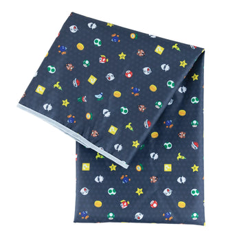 Splat Mat: Super Mario™ Lineup by Bumkins features colorful game icons on dark, machine-washable fabric.