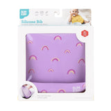 The Bumkins Silicone Bib: Rainbows, for ages 6+ months, keeps mealtime mess-free. Comes in a box with a happy baby image.