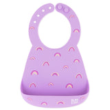 Bumkins Silicone Bib: Rainbows - Purple bib with buttons, rainbow patterns, and a pocket to catch mealtime messes.