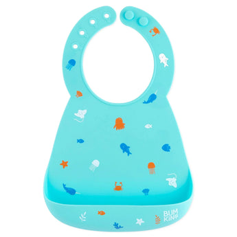 Bumkins Silicone Bib: Ocean Life, adorned with sea creatures like jellyfish and fish. Adjustable snaps make it perfect for mealtime messes.