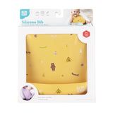 Bumkins Silicone Bib: Camp Gear features a yellow camping theme with a stay-open pocket, perfect for 6+ months to tackle mealtime messes.