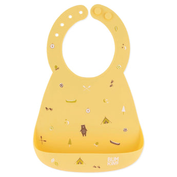 Bumkins Silicone Bib: Camp Gear features a camping design with tents, trees, and bears—perfect for keeping mealtime mess in check.