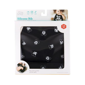 Black Mickey Mouse Silicone Bib by Bumkins in packaging, ideal for ages 6-24 months.