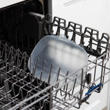 The Bumkins Silicone Stretch Lid for Grip Dish 5 Section is CPSIA compliant and stands upright in an open dishwasher rack.