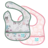 The Bumkins Starter Bib 2 Pack: Floral & Lace features green and pink trim, is waterproof, and easy to clean.