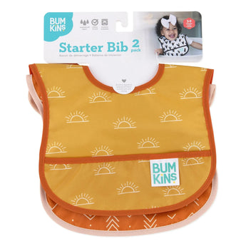 Bumkins Starter Bib 2-Pack: Sunshine and Grounded, waterproof & perfect for ages 3-9 months. From the Desert Boho collection.