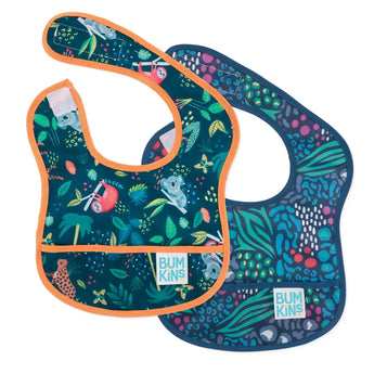 Two Bumkins Starter Bibs from the Jungle & Animal Prints pack, featuring vibrant designs and waterproof fabric with orange and pink trims.