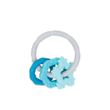 The Bumkins Silicone Teething Charms: Blue has three textured rings for motor skills development, attached to a white loop.