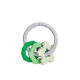 The Silicone Teething Charms: Green by Bumkins are baby toys featuring interlocking rings made of food-safe silicone, designed in various textures and shapes. They come in shades of green and gray with hexagonal patterns and raised bumps to offer soothing teething relief for babies.