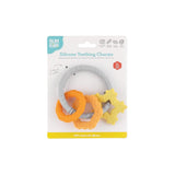 Teething relief from Bumkins: Silicone Teething Charms, featuring 3 textured, food-safe silicone rings in gray, orange, and yellow.