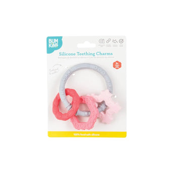 Bumkins Silicone Teething Charms (Pink) aid motor skills, are food-safe, and suitable for babies 3m+.