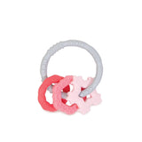 Bumkins Silicone Teething Charms: Pink set includes 3 colorful, food-safe rings in gray, pink, and red to boost motor skills.