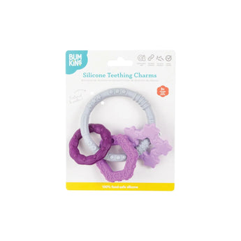 Bumkins Silicone Teething Charms in soothing purple and lilac, made from 100% food-safe silicone for effective teething relief.