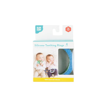 Bumkins Silicone Teething Rings 4-Pack: Summer, featuring food-safe silicone to soothe sore gums, with two babies and a clear window.