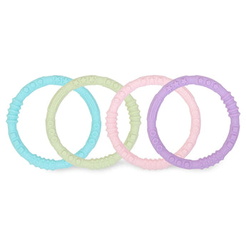 The Bumkins Silicone Teething Rings 4 Pack: Spring includes pastel colors that soothe sore gums with their textured, food-safe silicone.