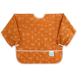 The Bumkins Sleeved Bib: Grounded features orange long sleeves and white geometric patterns, ideal for baby-led weaning.