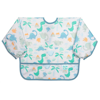 Bumkins Sleeved Bib: Dinosaurs features long sleeves and vibrant prints on white, ideal for baby-led weaning with waterproof design.