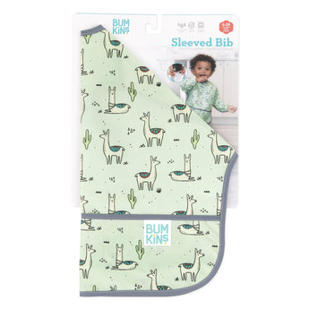 The Sleeved Bib: Llamas by Bumkins features llamas and cacti, is waterproof for easy cleaning, and ideal for ages 6-24 months.