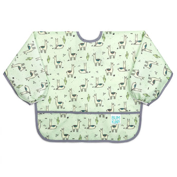 The Bumkins Sleeved Bib: Llamas has a pocket, dark trim, and waterproof fabric with a llama and cactus print.