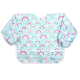 The Bumkins Sleeved Bib: Rainbows features a pastel rainbow pattern, is stain-resistant, waterproof, and has a pocket.