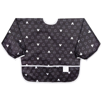 Bumkins Sleeved Bib: Mickey Mouse Icon in black and white, stain and odor resistant, with waterproof long sleeves.