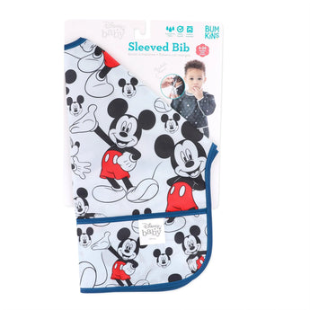 Waterproof Bumkins Sleeved Bib: Mickey Mouse in black, white, red. Packaging shows a child wearing this cute feeding essential.