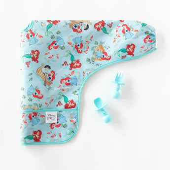 Bumkins Sleeved Bib: Ariel in blue with Eric design, waterproof, includes toddler fork & spoon for enjoyable mealtime.