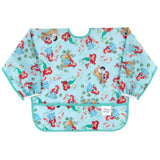 Bumkins Sleeved Bib: Ariel—blue, waterproof, with vibrant Disney characters: a mermaid, prince, fish, and crab.