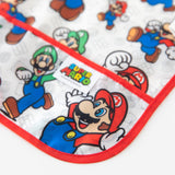 The Bumkins Sleeved Bib in Super Mario™ Classic with colorful cartoon characters is perfect for messy meals.