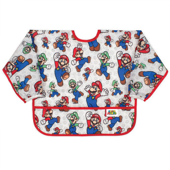 Bumkins Sleeved Bib: Super Mario™ Classic is waterproof, stain-resistant, and ready for action with colorful characters on white.