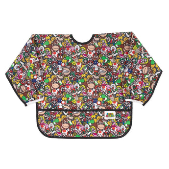 Bumkins Super Mario™ Mashup sleeved bib features beloved characters on a sleek black background with long sleeves.