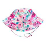 The Bumkins Sun Hat: Watercolor features a wide brim, UPF 50+ fabric, floral pattern, and adjustable chin strap on white.