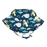 Bumkins Sun Hat: Deep Sea features breathable fabric, marine animal prints, and a drawstring. Perfect for kids!.