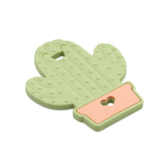 The Bumkins Silicone Teether: Cactus has a peach base and heart-shaped keyhole, perfect for baby teething relief.