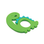 Bumkins Silicone Teether: Dinosaur offers baby gum relief with its playful green design, blue spikes, and circular cutout.