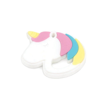 Bumkins Silicone Teether: Unicorn, pastel with closed eyes, features pink mane and blue-yellow accents on a white base. Non-toxic design.