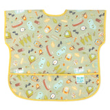 A green Camp Gear bib by Bumkins, features camping illustrations and a cheerful yellow border. Waterproof for kids.