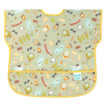 A green Camp Gear bib by Bumkins, features camping illustrations and a cheerful yellow border. Waterproof for kids.