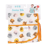 Bumkins Junior Bib: Winnie and Friends features waterproof design, charming characters, orange trim, and packaging with a smiling child.