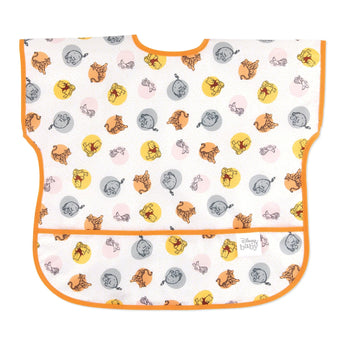 Bumkins Junior Bib: Winnie and Friends, a waterproof baby bib featuring cartoon animals like tigers and elephants in vibrant circles.