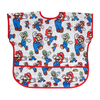 Bumkins Junior Bib: Super Mario™ & Luigi, features a colorful print and red trim. Made from waterproof fabric for easy cleaning.