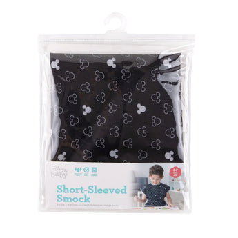 Bumkins Short-Sleeved Mickey Mouse Icon B+W smock features an adjustable tie waist, ideal as a waterproof childrens smock.