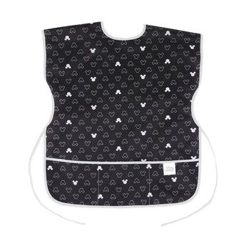 Bumkins Short-Sleeved Mickey Mouse Icon B+W Smock: waterproof, black with white silhouettes, white trim and ties, 2 pockets.