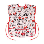 Bumkins Minnie Mouse Short-Sleeved Smock: Waterproof with red edges, featuring playful poses and an adjustable tie waist.